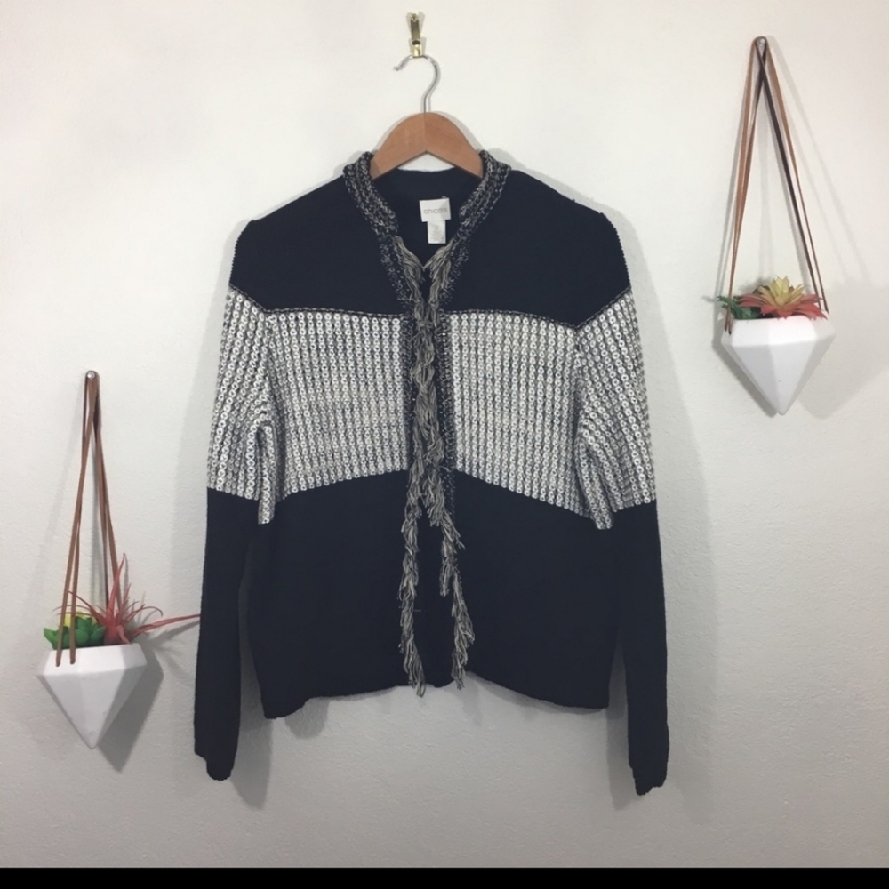 Chico’s black and cream fringed knit sweater